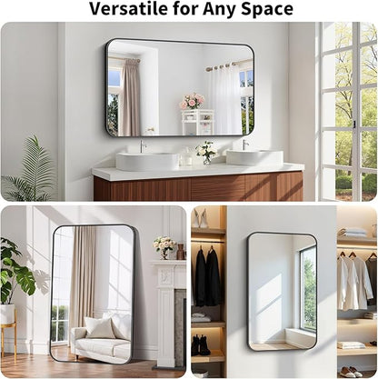 Koonmi Black Framed Bathroom Mirror - 30x50 Inch Shatterproof Tempered Glass Vanity Mirror for Bathroom Sink, Wall Mounted with Matte Aluminum Alloy Frame, No Distortion, Modern Decor