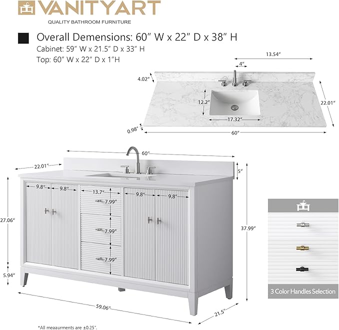 Vanity Art 60" Bathroom Vanity with Single Sink & Arabescato White Engineered Stone Top, Vanity Cabinet with Soft Closing Door, Solid Wood Frame, Golden Brushed Handles, White VA8160S-W-GB