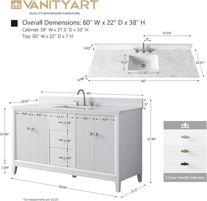 Vanity Art 60" Bathroom Vanity with Single Sink & Arabescato White Engineered Stone Top, Vanity Cabinet with Soft Closing Door, Solid Wood Frame, Golden Brushed Handles, White VA8160S-W-GB
