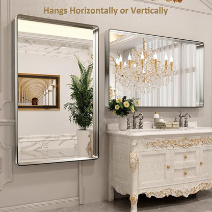 LOAAO 60X36 Inch Brushed Nickel Bathroom Mirror | Rounded Rectangle, Silver Metal Frame, Anti-Rust, Tempered Glass, Hangs Horizontally or Vertically