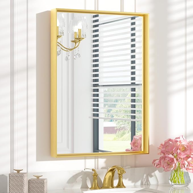 Keonjinn 22x30 Inch Gold Bathroom Mirror for Over Sink, Rectangular | HD Tempered Glass, Vanity Mirror, Brushed Framed, Square Corner, Modern Farmhouse, Wall Mounted Mirrors, Aluminum Alloy