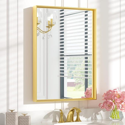 Keonjinn 22x30 Inch Gold Bathroom Mirror for Over Sink, Rectangular | HD Tempered Glass, Vanity Mirror, Brushed Framed, Square Corner, Modern Farmhouse, Wall Mounted Mirrors, Aluminum Alloy