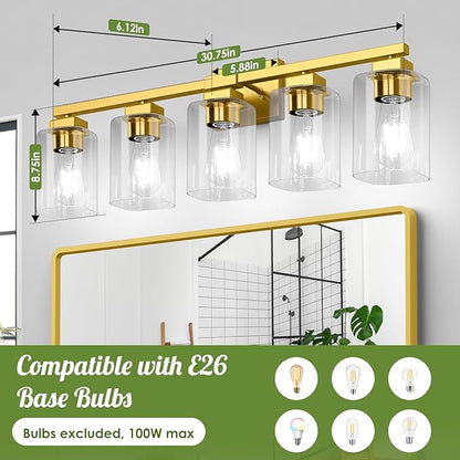 BesLowe 30" 5-Light Bathroom Light Fixture, Gold Bathroom Vanity Light, Bathroom Lighting Fixtures Over Mirror, Gold Bathrom Wall Lamp, Wall Lights for Living Room Bedroom Hallway