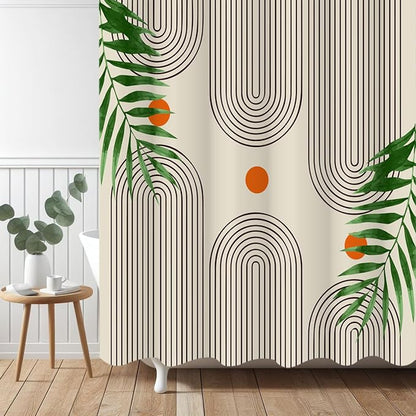 Boho Mid Century Modern Shower Curtain, Abstract Arch Leaf Minimalist Sun Beige Machine Washable Waterproof Fabric for Bathroom Bathtub with Hooks 72x72