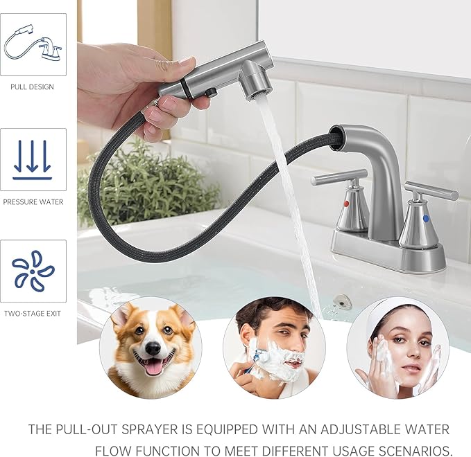 FRANSITON Bathroom Faucets with Pull Out Sprayer, 4 Inch Brushed Nickel Bathroom Faucet 3 Hole, 2 Handle Pull Down Sprayer Bathroom Sink Faucet with 360 Swivel Spout (Brushed Nickel)