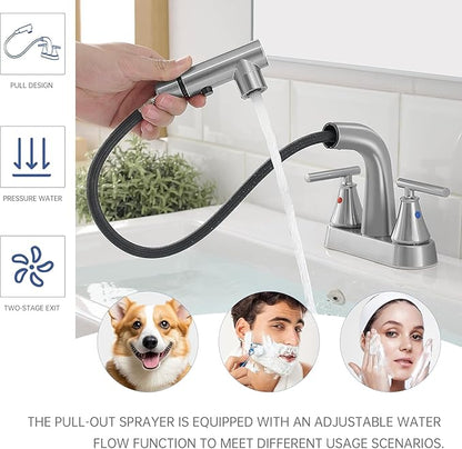 FRANSITON Bathroom Faucets with Pull Out Sprayer, 4 Inch Brushed Nickel Bathroom Faucet 3 Hole, 2 Handle Pull Down Sprayer Bathroom Sink Faucet with 360 Swivel Spout (Brushed Nickel)