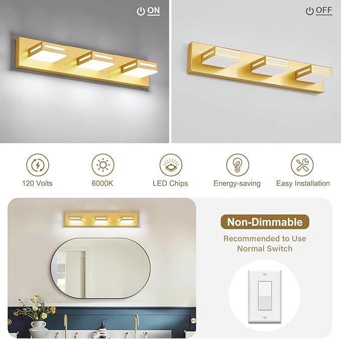 LED Modern Bathroom Light Fixtures, 3-Light 24-Inch Gold Vanity Lights for Bathroom Lighting Fixtures Over Mirror, 350° Rotatable Acrylic, 6000K Cool White Wall Lamp