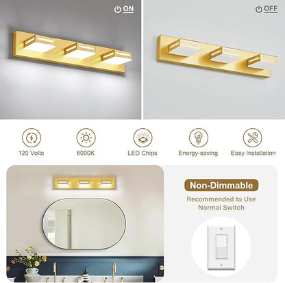 LED Modern Bathroom Light Fixtures, 3-Light 24-Inch Gold Vanity Lights for Bathroom Lighting Fixtures Over Mirror, 350° Rotatable Acrylic, 6000K Cool White Wall Lamp