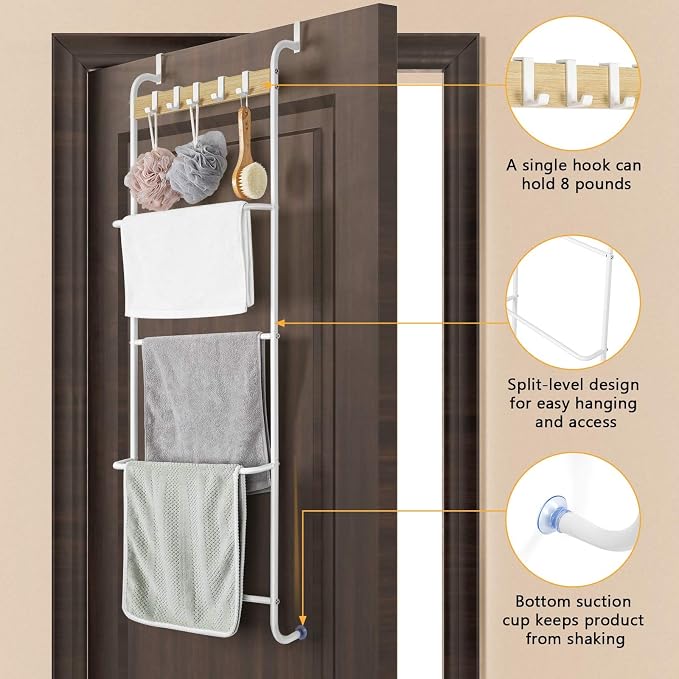 Over The Door Towel Rack 5 Tier Towel Door Hanger for Bathroom Over The Door Towel Bar Hanger with Hooks Back of Door Towel Rod Organizer for Clothes Hand Towels (White and Wood)
