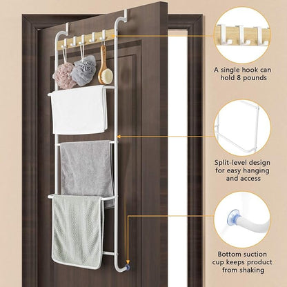 Over The Door Towel Rack 5 Tier Towel Door Hanger for Bathroom Over The Door Towel Bar Hanger with Hooks Back of Door Towel Rod Organizer for Clothes Hand Towels (White and Wood)