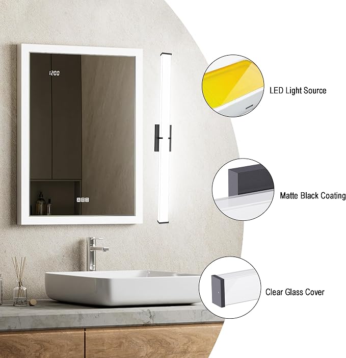 Bathroom Light Fixtures: 31.5 Inch ETL Certified LED Bathroom Vanity Light 5700K Cool White 36W 2500LM - Modern Black Vanity Light Dimmable with Clear Shade - Bathroom Lighting Fixtures Over Mirror