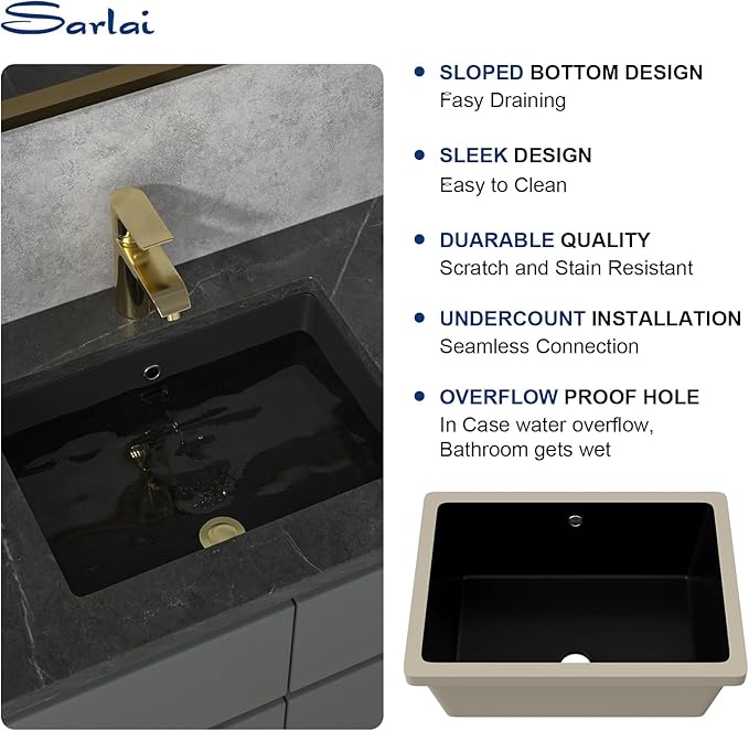 Sarlai Undermount Bathroom Sink - 20 x 14 inch Black Vessel Sink Undermount Sink Rectangular Modern Ceramic Rectangle Vanity Art Basin with Overflow, Interior Dimension 17-1/8 x 11-4/5x 4-1/2 Inch