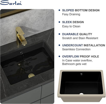 Sarlai Undermount Bathroom Sink - 20 x 14 inch Black Vessel Sink Undermount Sink Rectangular Modern Ceramic Rectangle Vanity Art Basin with Overflow, Interior Dimension 17-1/8 x 11-4/5x 4-1/2 Inch