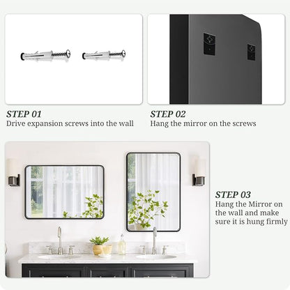 Bathroom Mirror 30x22 Inch Black Metal Frame Rectangle Vanity Mirror | Modern Wall Mounted Anti-Rust Mirror with Rounded Corners for Farmhouse, Restroom, Entryway, Horizontal or Vertical Hanging