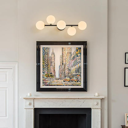 Bathroom Vanity Mirror Light Fixtures: 5 Lights Bath Wall Sconce Lighting - Brass Black Vanity Lights with Milk Glass Shade - Modern Minimalist Makeup Light Fixture Above Mirror for Hallway G9 Base