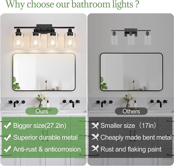 4-Light Bathroom Light Fixtures, Vanity Light with Clear Glass Shades, Matte Black Bathroom Light Fixtures Over Mirror, Modern Bathroom Wall Lamp for Mirror Living Room Cabinet Bedroom