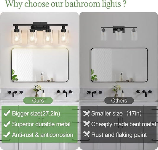 4-Light Bathroom Light Fixtures, Vanity Light with Clear Glass Shades, Matte Black Bathroom Light Fixtures Over Mirror, Modern Bathroom Wall Lamp for Mirror Living Room Cabinet Bedroom