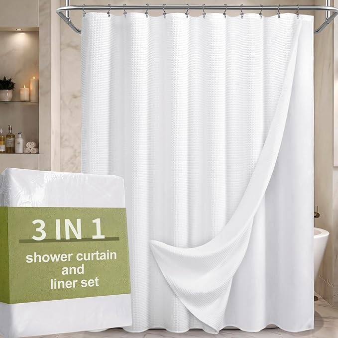 3 in 1 Shower Curtain Set Waffle Shower Curtain with Hooks and Liner Set, Cotton White Fabric Shower Curtains for Bathroom, Washable, 72Wx72L