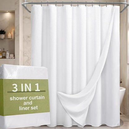 3 in 1 Shower Curtain Set Waffle Shower Curtain with Hooks and Liner Set, Cotton White Fabric Shower Curtains for Bathroom, Washable, 72Wx72L