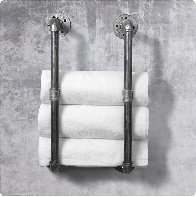 HouseAid Industrial Pipe Towel Rack, Farmhouse Bathroom Towel Storage Holder, Vintage Style Towel Organization, Wall Mounted, Antique Silver