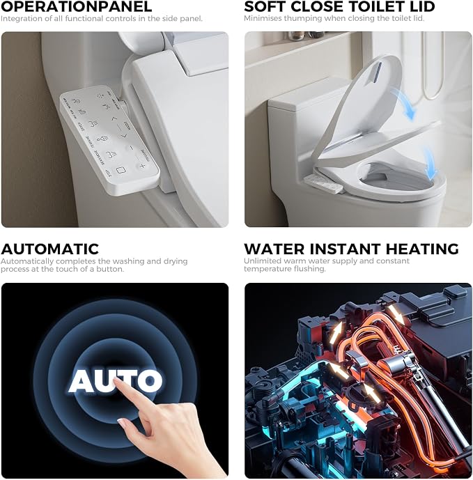 Electric Bidet Toilet Seat for Elongated Toilets, Side Control Panel | Warm Air Dryer, LED Display, Self-Cleaning Nozzle, Rear & Feminine Wash, Soft Close Lid, LED Night Light, Side Control Panel