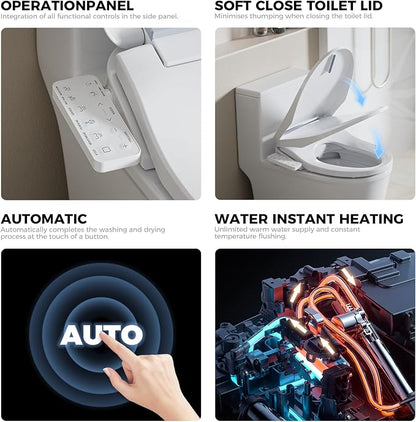 Electric Bidet Toilet Seat for Elongated Toilets, Side Control Panel | Warm Air Dryer, LED Display, Self-Cleaning Nozzle, Rear & Feminine Wash, Soft Close Lid, LED Night Light, Side Control Panel