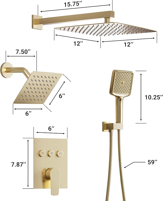 MONDAWE 12 Inch Wall Mounted Brushed Gold Shower System, 3-Function Shower Faucet Set with Rainfall Dual Shower Head and High Pressure 4-Setting Handheld, All Functions Can be Used At the Same Time