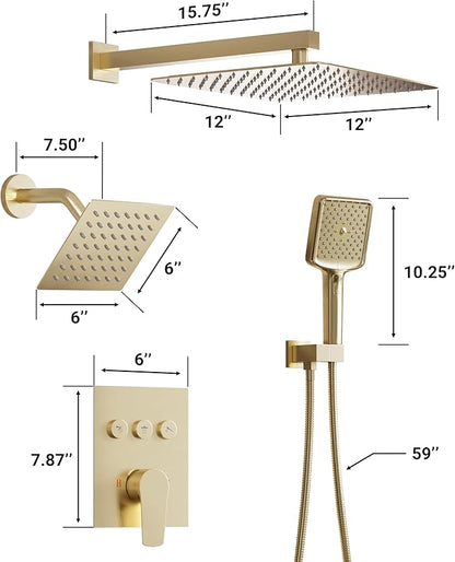 MONDAWE 12 Inch Wall Mounted Brushed Gold Shower System, 3-Function Shower Faucet Set with Rainfall Dual Shower Head and High Pressure 4-Setting Handheld, All Functions Can be Used At the Same Time