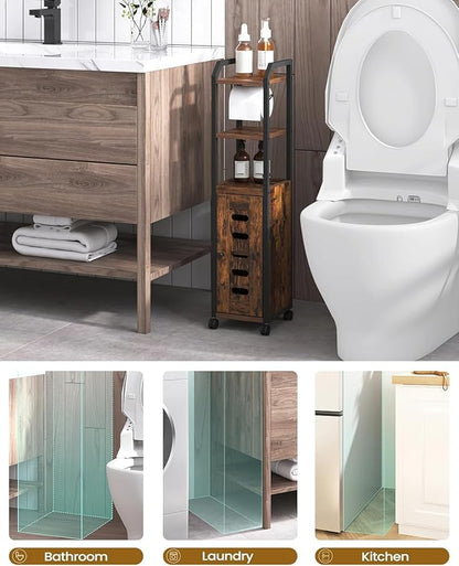Bathroom Storage Cabinet - Toilet Paper Storage Cabinet, Small Toilet Paper Holder with 4 Wheels, Bathroom Organizer with Adjustable Shelf, for Small Spaces, Rustic Brown BC04601X