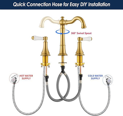 Porcelain Brushed Gold Bathroom Faucet 8 inch Widespread for 3 Holes with Plastic Pop-Up Drain & 2Pcs Water Supply Lines, Classical 2-Handle Gold Vanity Sink Faucets, 360° Swivel Brass Spout
