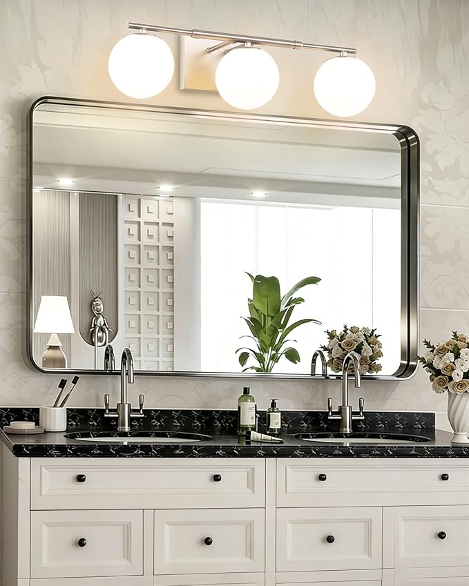 Bathroom Vanity Light Brushed Nickel 3T Wall Sconce for Mirror | Modern fixture Glass Shade brightness, Elivers even brightness. Sturdy metal resists rust. Dresser Bathroom over Mirror