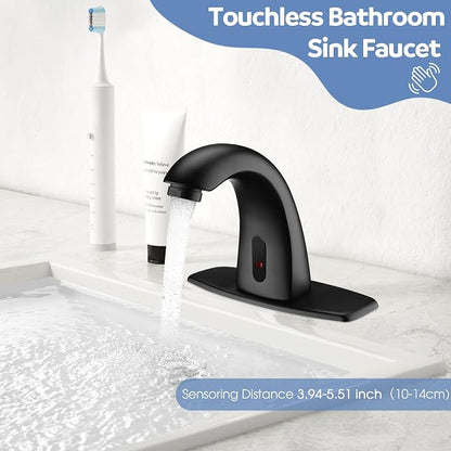 Touchless Bathroom Sink Faucets, Automatic Motion Sensor Sink Faucet with Hole Cover Deck Plate, Commercial Sink Faucet for Bathroom (Black)