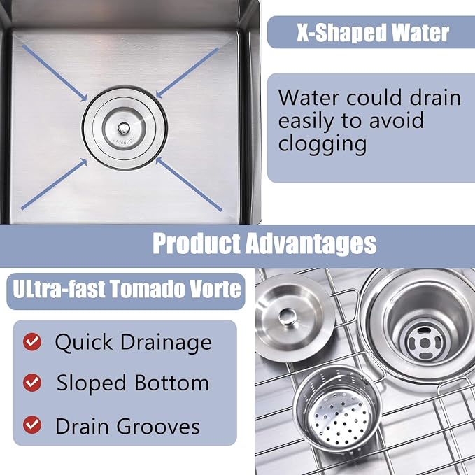 15x15 Inch Bar Sink Drop In, Topmount Kitchen Sink Stainless Steel Square Small Sinks, Single Bowl Kitchen Sinks for Laundry Wet Bar Prep RV Office Outdoor Yard with Grid & Drain