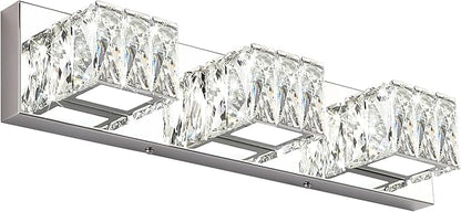 Modern Bathroom Vanity Lights - Crystal 3 Light Vanity Lighting Fixtures - Chrome Bathroom LED Light Fixture Over Mirror 6000K Cool White Light