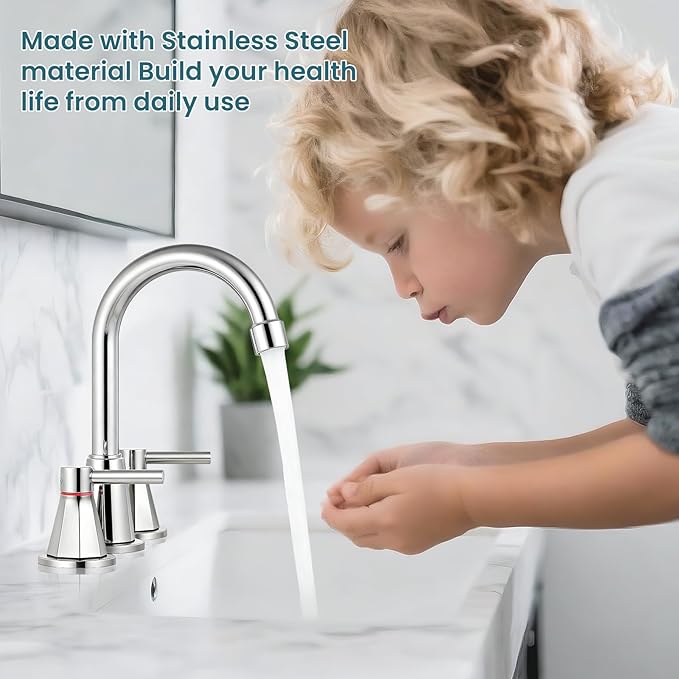Bathroom Faucet 3 Hole,Chrome Bathroom Sink Faucet with 360°Swivel Spout, 8 inch Widespread 2 Handle Faucet for Bathroom Sink Vanity RV with Pop-up Drain Supply Line Stainless Steel
