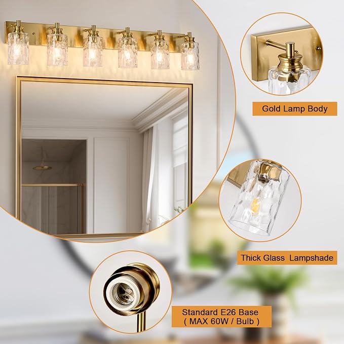 6 Light Bathroom Vanity Light Modern Brushed Gold Bathroom Light Fixtures Over Mirror with Hammered Glass Lampshade for Kitchen Hallway