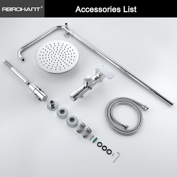 RBROHANT Exposed Shower System with Tub Spout, Polished Chrome Exposed Pipe Shower Faucet with 3 Functions Brass Shower Valve, Shower Height Adjustable, Wall Mounted