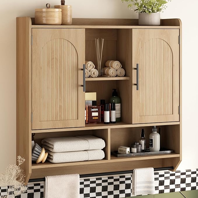 RUSTOWN Fluted Bathroom Wall Cabinet, Mid-Century Modern Medicine Cabinet with Adjustable Shelves & Towel Bar,3-Tier Wall Mounted Cabinets, Over The Toilet Storage Cabinets for Bathroom, Natural Oak