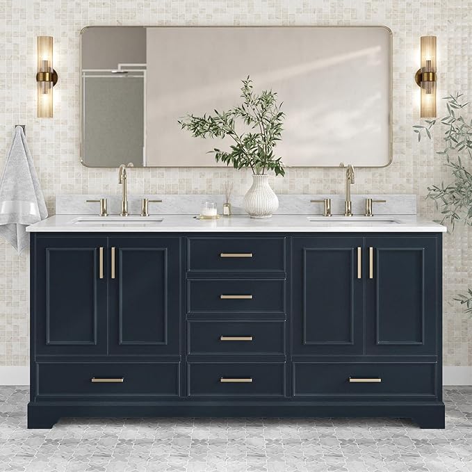 ARIEL Stafford 72-inch Bathroom Vanity with Sink,Solid Wood, 0.75-inch Italian Carrara Marble Countertop, Double Rectangular Porcelain Sink, 4 Soft Closing Doors, 6 Dovetail Drawers, Midnight Blue