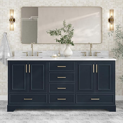 ARIEL Stafford 72-inch Bathroom Vanity with Sink,Solid Wood, 0.75-inch Italian Carrara Marble Countertop, Double Rectangular Porcelain Sink, 4 Soft Closing Doors, 6 Dovetail Drawers, Midnight Blue