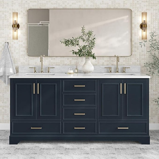 ARIEL Stafford 72-inch Bathroom Vanity with Sink,Solid Wood, 0.75-inch Italian Carrara Marble Countertop, Double Rectangular Porcelain Sink, 4 Soft Closing Doors, 6 Dovetail Drawers, Midnight Blue
