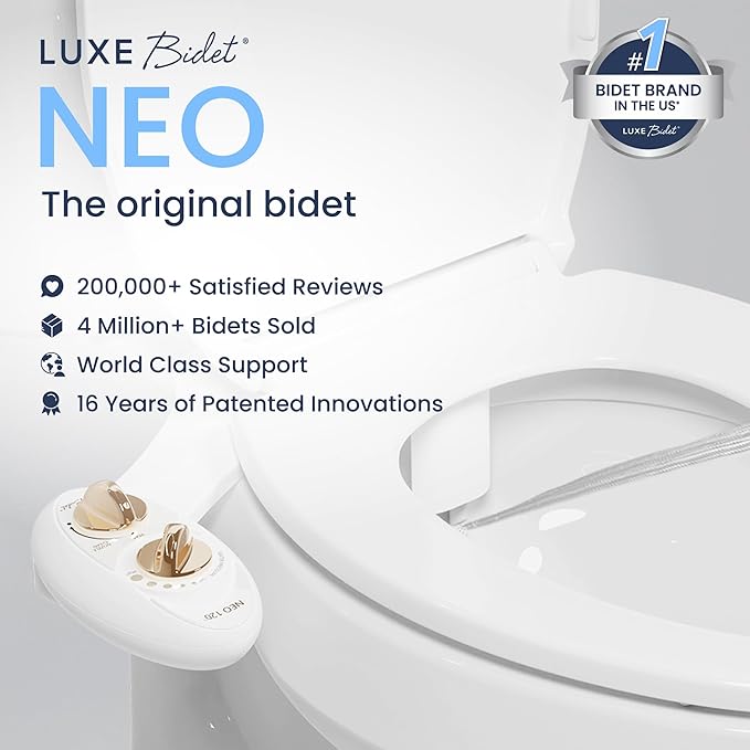 LUXE Bidet NEO 320 - Warm Water, Dual Nozzle, Self-Cleaning, Non-Electric Bidet Attachment for Toilet Seat, Adjustable Water Pressure, Rear & Feminine Wash (Gold)