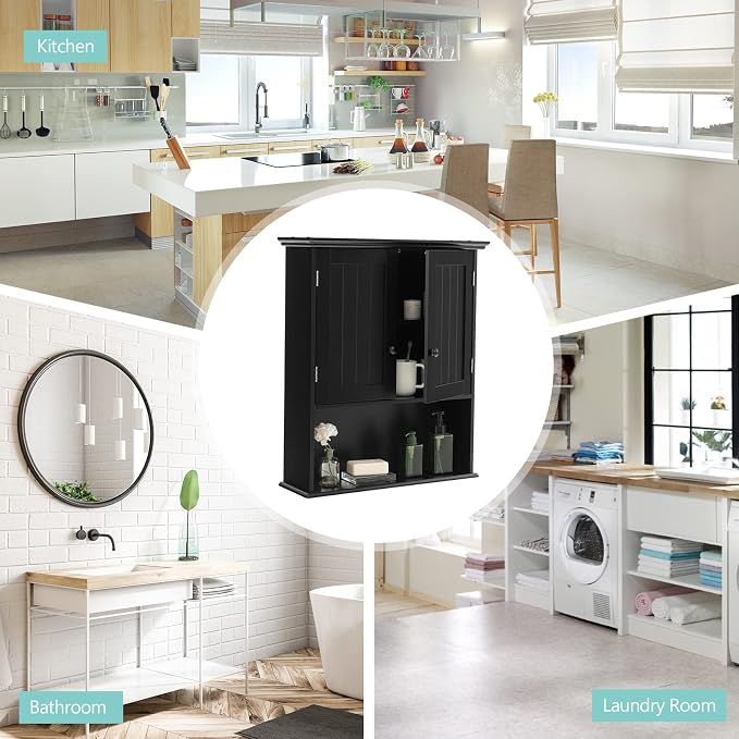 COSTWAY Wall Mounted Bathroom Cabinet, Over The Toilet Storage Cabinet w/Double Doors & Adjustable Shelf, Wood Hanging Medicine Cabinet for Living Room, Entryway, Kitchen (Black) | Double Doors & Adjustable Shelf, Wood Hanging Medicine Cabinet for Livi...