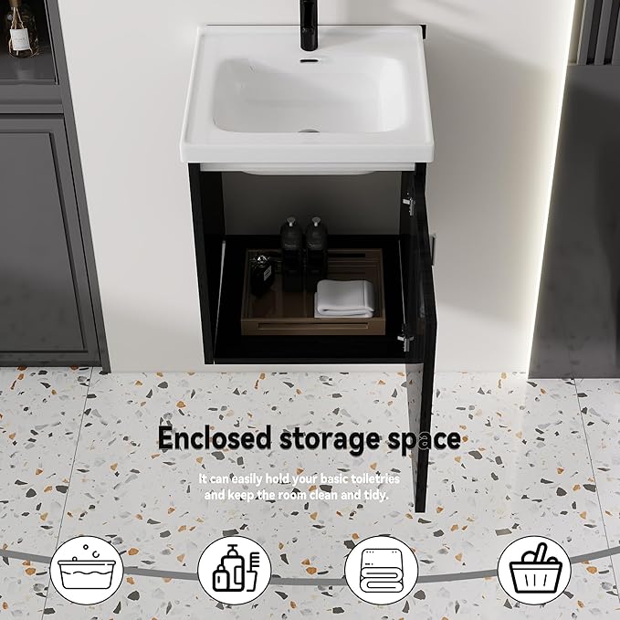 16'' Bathroom Vanity with Ceramic Sink Combo, Wall Mounted Small Bathroom Vanity with Soft-Close Door Modern Floating Cabinet, Pop-up Drain, P-Trap Included, Black(No Faucet)