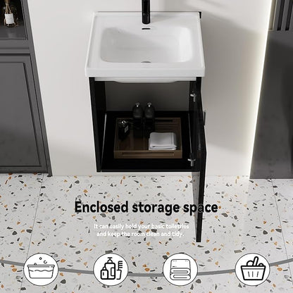 16'' Bathroom Vanity with Ceramic Sink Combo, Wall Mounted Small Bathroom Vanity with Soft-Close Door Modern Floating Cabinet, Pop-up Drain, P-Trap Included, Black(No Faucet)