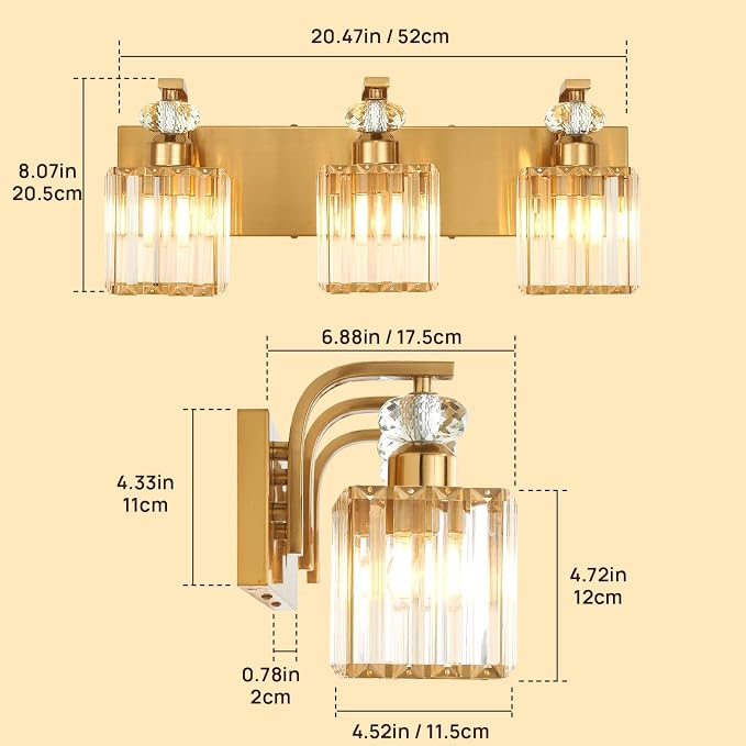 Modern Bathroom Vanity Light, 3-Light Gold Bathroom Lighting Fixtures Over Mirror, 20.5" Crystal Wall Light Sconce for Bathroom/Bedroom/Vanity, Includes LED Bulbs, Easy Installation