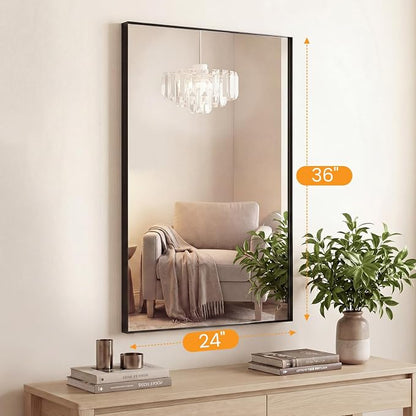 Sweetcrispy Bathroom Wall Mirror, Vanity Mirror for Over Sink, 24x36 Inch | Rectangle Home Decor Mirrors, Metal Frame Tempered Glass, Anti-Rust Hang, Black