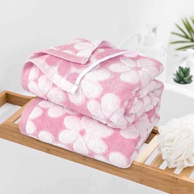 Pink Bath Towels Set of 2, Super Absorbent & Decorative 27.5x55 Inches | Cute Floral Jacquard Shower Towel for Bathroom Decor, Beach, Cotton