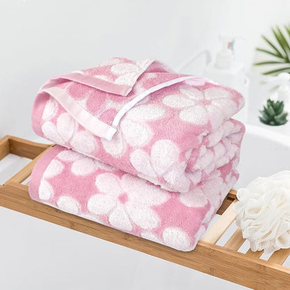 Pink Bath Towels Set of 2, Super Absorbent & Decorative 27.5x55 Inches | Cute Floral Jacquard Shower Towel for Bathroom Decor, Beach, Cotton