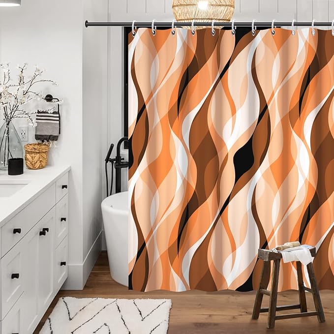 Orange Shower Curtain, Modern Abstract Burnt Orange Striped Shower Curtain Set for Bathroom Waterproof Polyester Shower Curtain with Hooks, 72x78 Inch